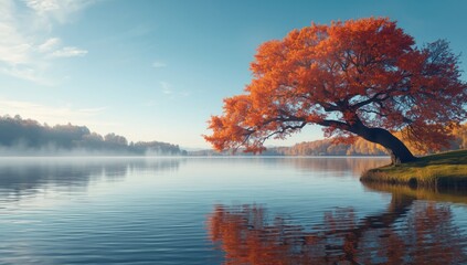 Autumn shoreline featuring vibrant foliage and reflective water, highlighting seasonal transition for Earth Day
