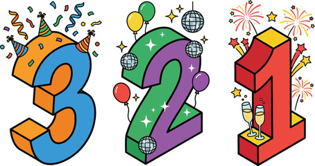 New Year 2026 Countdown Numbers 3 2 1 Confetti Sparkles Party Celebration Vector Icons Set