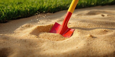Metal garden shovel with red and yellow handle resting on sand, highlighting tool durability