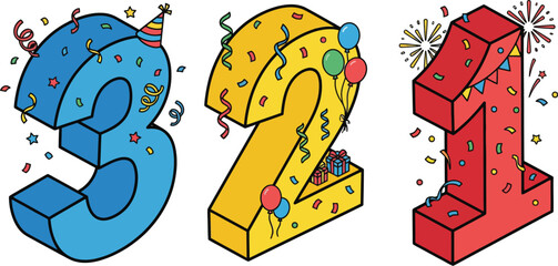 New Year 2026 Countdown Numbers 3 2 1 Confetti Sparkles Party Celebration Vector Icons Set