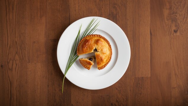 Traditional Brazilian empada with a flaky crust on a white plate, designed for culinary layout use
