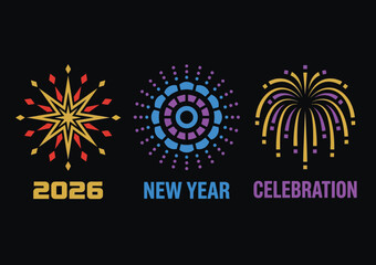 New Year 2026 Fireworks Explosion Burst Starburst Celebration Colorful Vector Icons Display Set