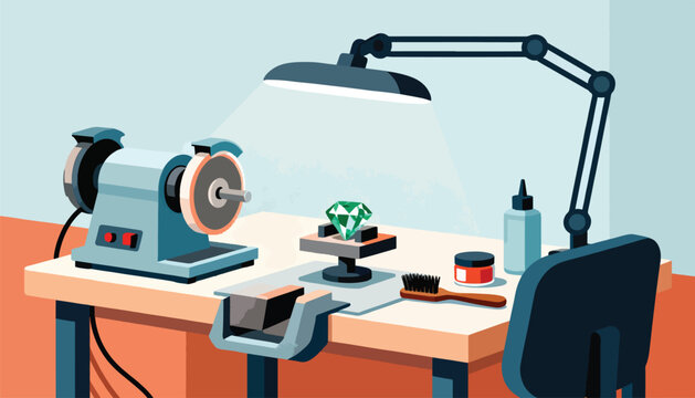 A workbench with a buffing machine, a faceted gem, and tools under a desk lamp