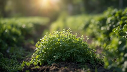 Fresh cilantro thriving in a cultivated vegetable garden, emphasizing organic gardening practices