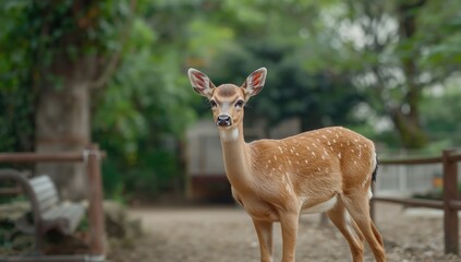 Deer living in a small zoo enclosure in an urban setting, highlighting captivity and public viewing