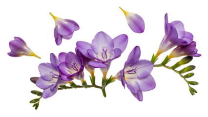 A close-up view of freesia flowers in full bloom, showcasing their delicate purple petals and green stems.