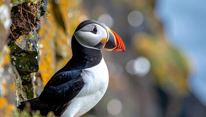 Atlantic Puffin Portrait with Colorful Beak Perched on a Rocky Cliff with Blurred Ocean Background During Daytime