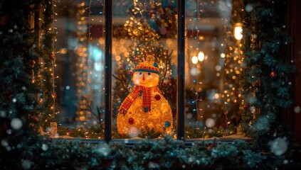 Holiday window decorations featuring a snowman made from tangerines, festive ambiance