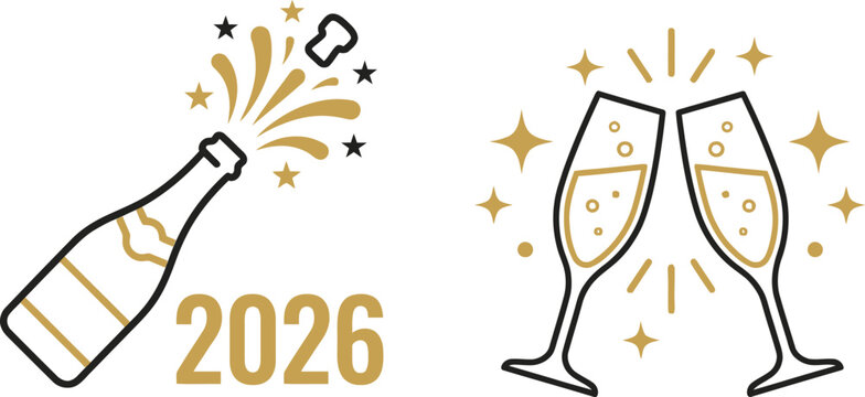 New Year 2026 Champagne Bottle Glass Clinking Toast Celebration Gold Black Vector Icons Set