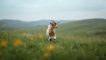 A small kid goat moving across a grassy field, highlighting farm animal activity, World Animal Day