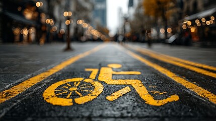 A yellow bicycle lane symbol painted on a wet city street with double yellow lines on either side, indicating a designated bike path for cyclists, urban infrastructure