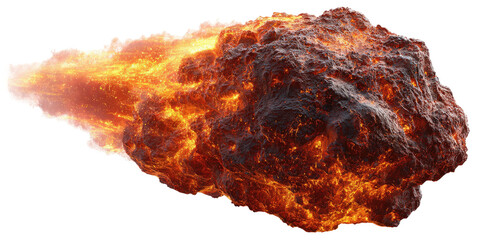 Fiery, incandescent mass erupting with a trail of smoke and flame