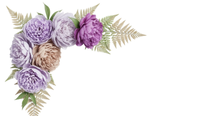 Soft luxury floral corner composition featuring peonies and fern in lavender and beige isolated on white background