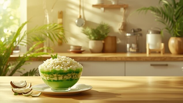 Filipino Buko Pandan sweet with vibrant green pandan and shredded coconut, served as a refreshing treat