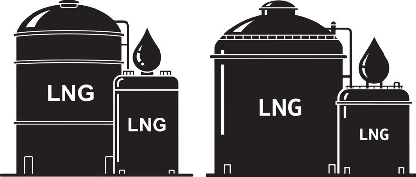 Two lng storage tanks and droplet icon vector set