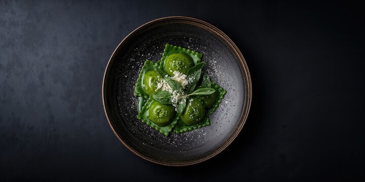 Top view of a dinner plate with green ravioli garnished with sage and parmesan cheese, pasta preparation practices