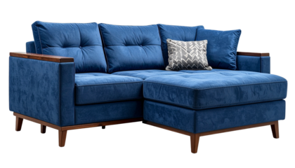 Blue sofa isolated on transparent background, high-quality PNG with modern design and soft cushions, perfect for interior design, furniture visuals, home decor, and mockups.