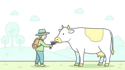 Farmer feeding cow simple pastoral illustration