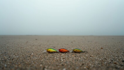 Fishing baits of different sizes placed on large-grained sand as part of fishing equipment inspection, World Fishing Day