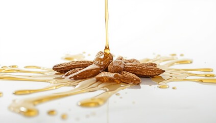 Crushed almonds with visible oil droplets on a white surface, highlighting natural oil release for food ingredient display