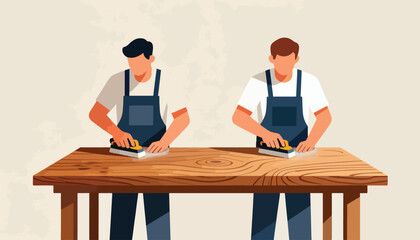 Two workers sanding a wooden table with hand sanders