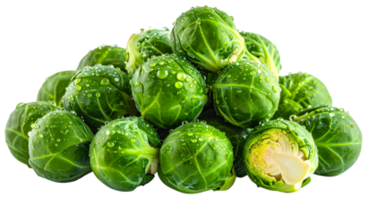 Fresh brussels sprouts isolated on transparent background, high-quality PNG with green leafy texture, perfect for healthy food designs, cooking, agriculture, and nutrition visuals.