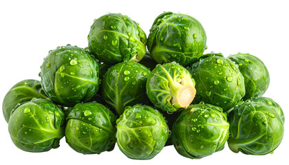 Fototapeta premium Fresh brussels sprouts isolated on transparent background, high-quality PNG with green leafy texture, perfect for healthy food designs, cooking, agriculture, and nutrition visuals.