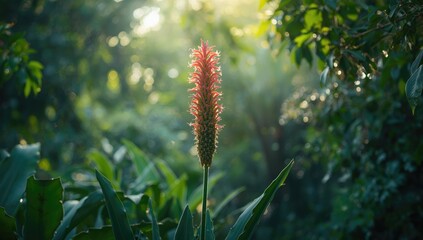 Fototapeta premium Cereus peruvianus alongside lush green leaves and water in a garden environment, highlighting seasonal plant growth