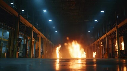 Medium shot of a waterbased fire suppression system activating in an industrial facility showcasing powerful jets extinguishing flames rapidly.
