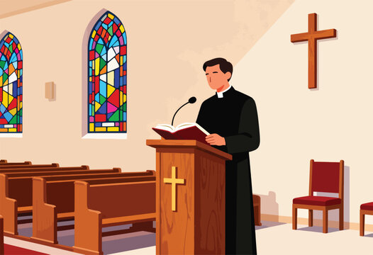 Cleric at lectern reads from book inside church with stained glass windows