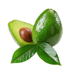Fresh whole avocado with half and pit, green leaves and creamy pulp, healthy organic fruit for nutrition, vegan diet and cooking concepts, isolated on white background