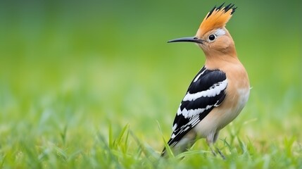 A Colorful Hoopoe Bird with an Orange Crest and Striped Wings in a Lush Field
