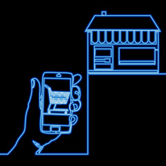 Hand holding smartphone with shopping cart icon near small local store symbolizing mobile commerce icon neon glow vector illustration concept