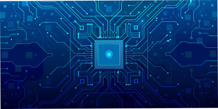 Abstract blue circuit board pattern with glowing central processor element