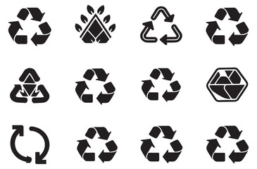 Set of recycle icon symbol vector black line and solid design on white background