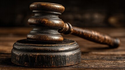 Wooden gavel resting on sound block in a courtroom setting with dark background, symbolizing justice and law