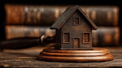 Adverse possession legal doctrine concept with miniature house on gavel and law books in background for real estate and property rights issues