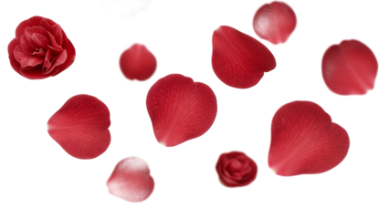 A collection of red rose petals and a bud against a white background