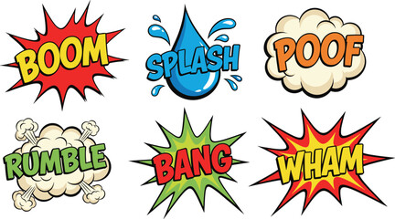 Colorful comic sound effect stickers set with boom splash poof bang wham rumble words in pop art cartoon style © VectoBloom