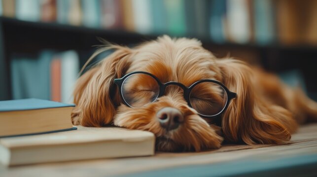 Happy cute dog with reading glasses fell asleep at the table with books. Funny puppy dog. Concept of care, education, obedience training, raising pets.