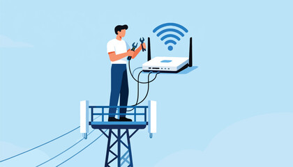 Technician on tower works on router with wifi signal