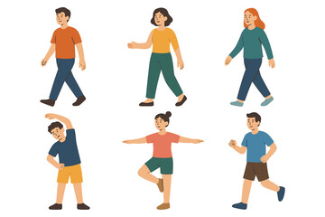 Diverse characters in flat style walking, stretching, exercising and jogging