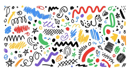 Fototapeta premium Abstract Doodle Art Elements Collection, Hand-Drawn Scribbles, Swirls, Stars, and Geometric Shapes for Creative Design