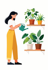 Woman watering houseplants on shelves