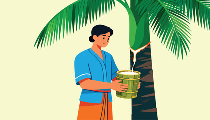 Person collects sap from a tree under lush green foliage