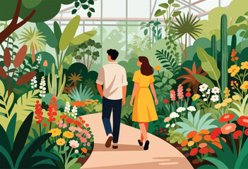 Couple strolls through a vibrant greenhouse filled with lush plants and colorful flowers