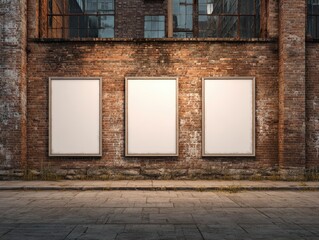 Blank posters on a brick wall, urban decay, and industrial windows above