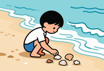 Boy crouches on beach collecting seashells as gentle waves lap the shore