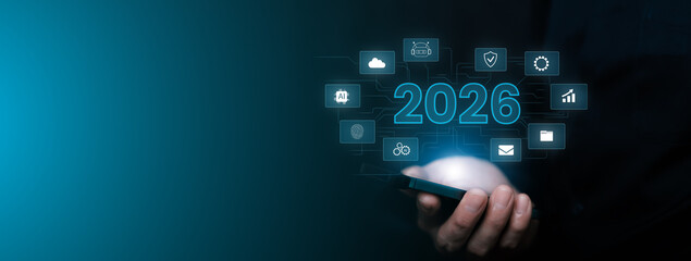 Digital technology concept with smartphone displaying connected application icons and smart system interface, representing digital transformation, innovation, cloud services technology for 2026