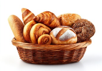 A wicker basket overflowing with assorted baked goods like rolls, croissants, and loaves